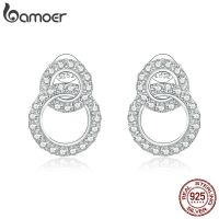 Bamoer Double Circle Stud Earrings for Women 925 Sterling Silver Ear Pins Wedding Engagemetn Statement Jewelry Brincos BSE388