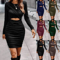 Cutout Slim Fit Twist Wrap bodycon ชุดผู้หญิงฤดูใบไม้ร่วงแขนยาว O คอ Casual จีบชุด vestidos Xmas gigs