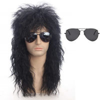 40cm Men Cosplay Heavy Metal Wig Long Synthetic Hair Extension Wigs Punk Puffy for Halloween Cosplay Glasses Props + Wig Cap