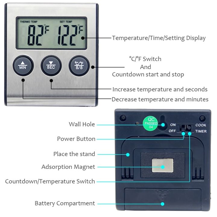 ใหม่ดิจิตอลเครื่องวัดอุณหภูมิบาร์บีคิวเนื้อครัวอาหารสแตนเลส-p-robe-อุณหภูมิทำอาหารเตาอบเมตรย่างจับเวลาฟังก์ชั่น