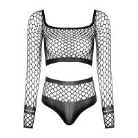 Women Exotic Set Hollow Out Outfits See through Fishnet Lingerie Set Nightwear Off Shoulder Long Sleeve Sexy Crop Top with Brief