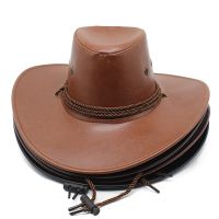 Large Brim Leather Cowboy Hat Flat Top Mens Leaves Printed Felt Wide Brim Bucket Hats Man For Men Women Fedora Swanowing