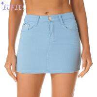 สตรี DENIM miniskirt สีทึบกลางเอว bodycon Jean ดินสอ panckage กระโปรงสะโพก streetwear