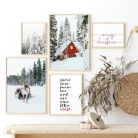 Modern Farmhouse Art ภาพวาดผ้าใบ-ฤดูหนาว Snow Gallery โปสเตอร์ผนังพิมพ์คริสต์มาส Reindeer Red Cabin ชุด5สำหรับ Room Home Decor