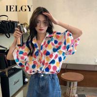 IELGY เสื้อเชิ๊ตลายดอกไม้แขนสั้นลายฟองหวานสำหรับผู้หญิงเสื้อเชิ้ตลูกโป่งบางฝรั่งเศสดีไซน์แบบโพรงให้ความรู้สึก