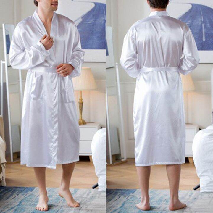 Men Robe Silk Bathrobe Soft Cozy Long Sleeve Nightgown One-Piece Kimono ...