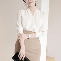 Elegant Women Office OL V-neck Chiffon White Long Sleeve Blouse