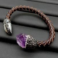 KKGEM 15x22mm Purple Amethyst Rough 13x22mm Cultured White Pearl Cuff Bracelet Leather Bangle Bracelet Adjustable