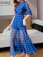 UCXQ Socialite Elegant Blue Plaid O-Neck Single Breasted Slim Fit แขนสั้นผู้หญิง Jumpsuits ฤดูร้อน2023ใหม่ชุดชีฟองน้ำ