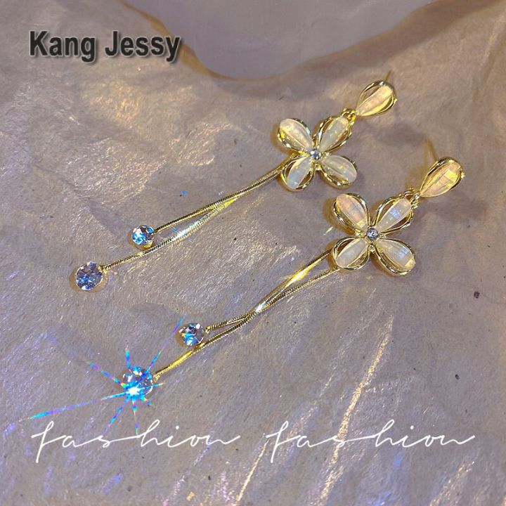 kang-jessy-s925-ต่างหูพู่ห้อยลายดอกไม้ประดับเพชรแบบใหม่ที่นิยมในโลกออนไลน์สำหรับผู้หญิงต่างหูแบบยาวสวยหวานสไตล์เกาหลีเครื่องประดับต่างหู