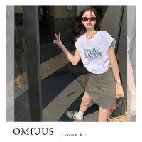 [OMIUUS] เสื้อยืดสตรีแขนสั้นเชือกหูรูดพิมพ์ลาย