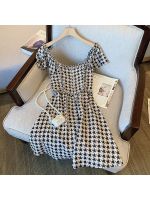 ☍ Houndstooth Print Sexy Dress For Women High Split Elegant Off Shoulder Mini Dress Backless Bodycon Summer Square Collar Vestidos