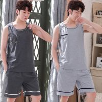 COD DSFDGDFFGHH Plus Size Mens Pajamas Summer Sleeveless Tops Shorts Set Men Cotton Sleepwear Nightwear Loose Pajama Terno Casual Suits Home Clothes Pyjamas Set Homewear Mens Pajama L-4XL