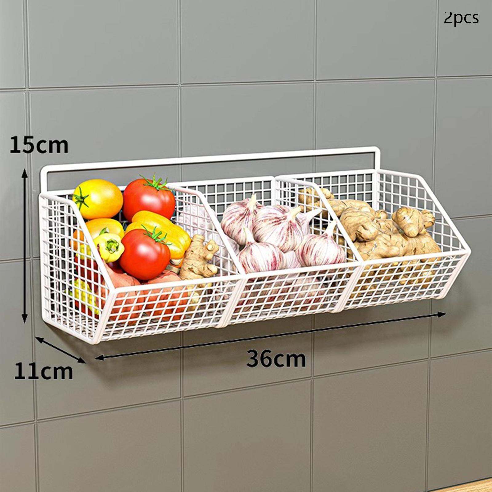 Fityle 2x Hanging Wall Basket Wire Hanging Basket 3 Grids Farmhouse Decor Wall Mounted Shelves Minimalist Hanging Fruit Basket for Bathroom Kitchen