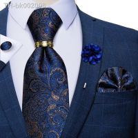 ☫ Luxury Blue Gold Paisley Silk Ties For Men Business Wedding Neck Tie Set With Tie Ring Brooch Pin Mens Cufflinks Pocket Square