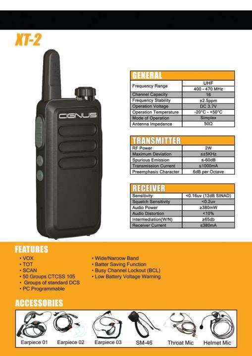 New Cignus XT2 UHF 2 Watts Mini Two Way Radio with NTC Sticker NTC Type