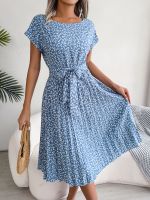 Women Summer Casual Floral Print Short Sleeve Pleated Dress