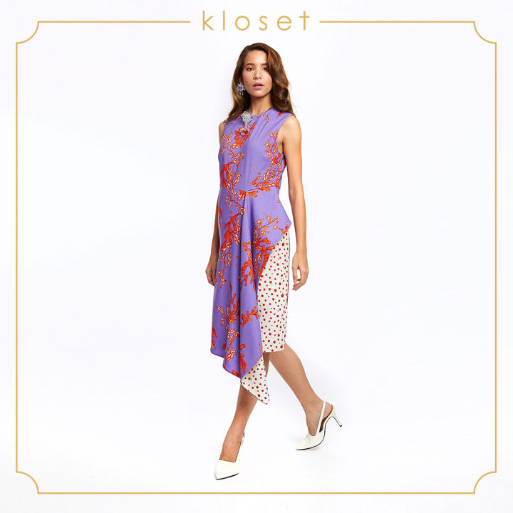 kloset-asymmetric-printed-dress-rs19-d003-เสื้อผ้าผู้หญิง-เสื้อผ้าแฟชั่น-เดรสแฟชั่น-เดรสพิมพ์ลาย-เดรสแขนกุด