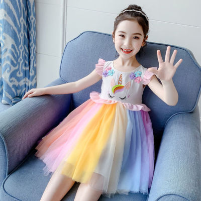 Girls Dress Unicorn Girls A-line Princess Dress Rainbow Fashion Korea Style Dresses for Girls Summer New Arrival