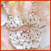 Women Cotton Lingerie Girls Bra Panties Set Thin Breathable Soft Japanese Lolita Cute Cartoon Teddy Bear Underwear Wire Free Bra