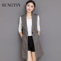 Sungtin Classic Plaid Long Blazer Vest Women Sleeveless Jacket Elegant Office Lady Coat Female Waistcoat Causal Suits Plus Size