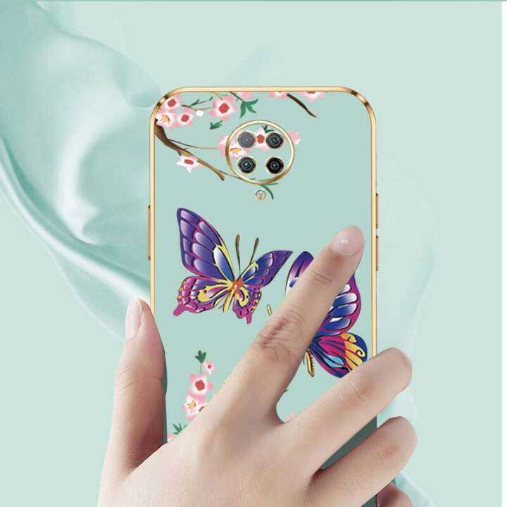 เคสสำหรับ-xiaomi-poco-f2-pro-redmi-k30-pro-ผีเสื้อที่สวยงามหรูหราพร้อมเคสป้องกันกล้องดอกไม้เคสโทรศัพท์ขอบชุบซิลิโคนนิ่มพร้อมฟรีสายคล้อง