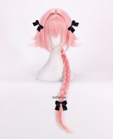 Game Fate Apocryph Astolfo Cosplay Wig 75cm Pink Heat Resistant Synthetic Wig + Wig Cap + 3 Black Bowknots