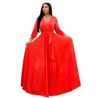 2022 New Fashion Ladies Deep V Neck Long Sleeve Chiffon Dress Casual Pure Color Long Dress Women Plus Size Maxi Dresses