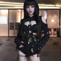 ❈✣☁ Punk-style Half-cut Hollow Off-shoulder Ultra-short Hooded Sweater Womens Design Sense Niche Street Sweet Cool Top Coat