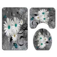 White Daisy Polyester Bath Mat Set Bathroom Carpet Waterproof Curtain Shower Curtain Toilet Mat and Anti-slip Floor Carpet Set