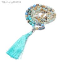 Frosted Amazonite Emperor Stone 108 Mala Beads Knotted Necklace Men Women Yoga Blessing Jewelry with Buddha Head and Tassels