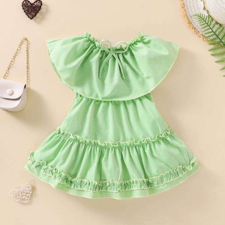 jeansame-dress-focusnorm-2-7y-ฤดูร้อนแฟชั่นเด็กสาวพรรคชุดเสื้อผ้าปิดไหล่-ruffles-สีทึบชุดสาย