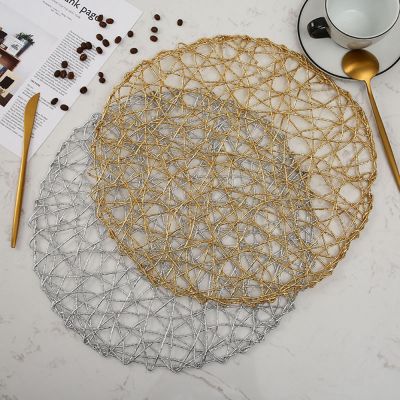 【CC】◑❍  38cm Rural Table Hollow Round Woven Dining Placemat Dinnerware Cup Coaster Gold