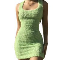 2022 Fashion Summer Sweet y Green Plush Slip Dress Women Sleeveless Low Cut Solid Color Bodycon Mini Dress for Party Holiday