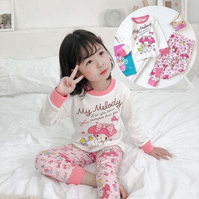 อายุ 1-6 ปี เด็กผู้หญิง สีชมพู ชุดนอนเมโลดี้ ชุดนอนแขนยาว เสื้อผ้าเด็ก