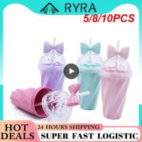 5/8/10PCS Plastic Water Cup Gift Summer Cute Coffee Cup Bow Candy Color Straw Water Bottle Straw Cup Plastic Tumbler With Lid