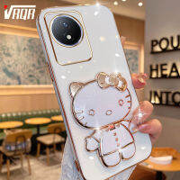 VRQR เคสสำหรับ Vivo Y02 Y02A Y02t โทรศัพท์  6DStraight Edge Plating + ที่ตั้งรูปแมวอะนิเมะที่มีกระจกที่สามารถหมุนได้นุ่มหรูหราคุณภาพสูงการออกแบบใหม่