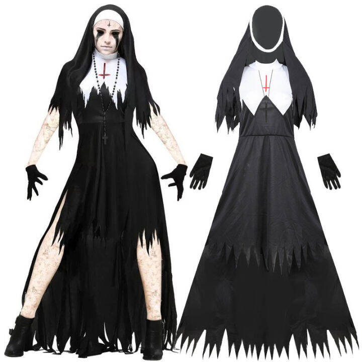 The Horror Scary Nun Costume For Women Black Vampire Dress Sets Adult