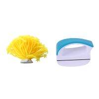 Aquarium Fish Tank Silicone Artificial Sea Plant Anemone Ornament Yellow with Aquarium Cleaning Magnets Brush Small