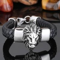 Punk Black Wide Woven Leather Bracelet Domineering Lion Head Bangle for Mens Fashion Street Accessories Jewelry Gifts Charms and Charm Bracelet