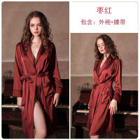 Spot parcel post Ruo nd Autumn Winter Sexy Deep V Satin Private Room Mid-Length Lace-up Nightgown Bathrobe Home Wear Womens Suit 879