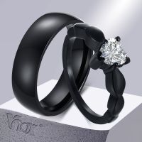 Vnox Romantic Heart CZ Stone Couple Wedding Rings for Women Men, Black Color Stainless Steel Bands Engagement Jewelry, Love Gift