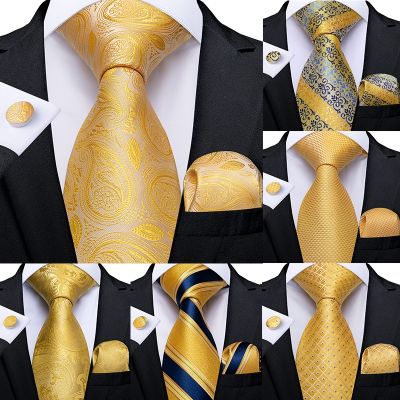 Gift Men Tie Yellow Blue Striped Paisley Silk Wedding Tie For Men DiBanGu Design Hanky Cufflink Quality Men Tie Set Dropshipping
