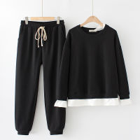 【มีไซส์ใหญ่】Plus Size Womens 2 pieces Black Grey Sets Long Sleeved Hoodies + Elastic Waist Long Pants Suits