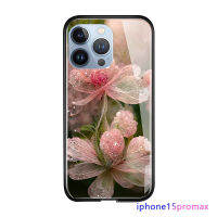 เคส Apple iPhone 15 Plus 15 Pro 15 Pro Max ดีไซน์ความคมชัดสูงคริสตัลดอกไม้สีชมพูหรูหรากันกระแทกกระจกเทมเปอร์เคสโทรศัพท์ด้านหลัง