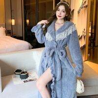 2022 Winter Long Sleeve Thick Warm Flannel Kimono Robes for Women Cute Lace Bathrobes Sleepwear Bath Robe Nightdress Night Dress