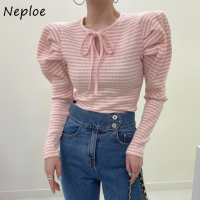 Neploe Age-reducing Preppy Style Y2K Top Woman Long Puff Sleeve T-shirt Womens Clothing Striped Fashionable Bow Lace-up Tops