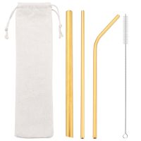 Gold Reusable Straw 304 Stainless Steel Sharp Straw Metal Drinking Straws with Cleaner Brush for Bubble Tea Smoothie Milkshake Specialty Glassware