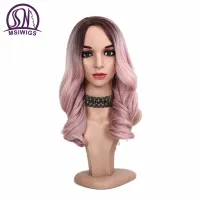 MSIWIGS Long Pink Wig for Women Two Tones Black and Blonde Wavy Cosplay Heat Resistant Synthetic Fake Hair Wig  Hair Extensions Pads