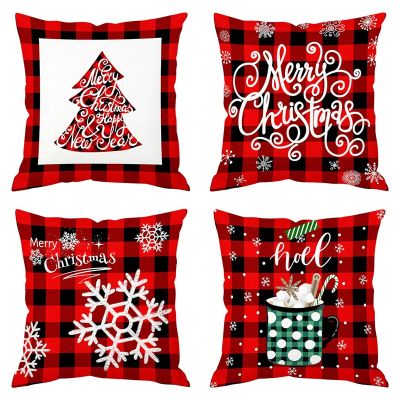 4x Christmas Day Decoration Happy New Year Pillow Case Cushion Cover Square Pillow Case 18 x 18 Inches